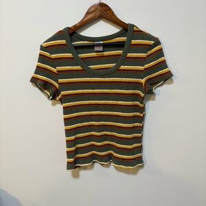 Y2K Style Ribbed Striped Baby Tee Indie Skater Scoop Neck Fitted Top Women L